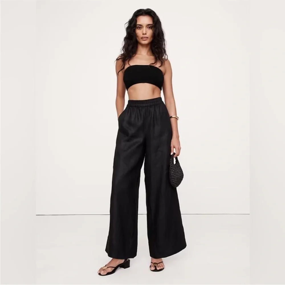 NEW!Banana Republic Black High-Rise Wide-Leg Linen Pull-On Ankle Pant 🩷 #772659